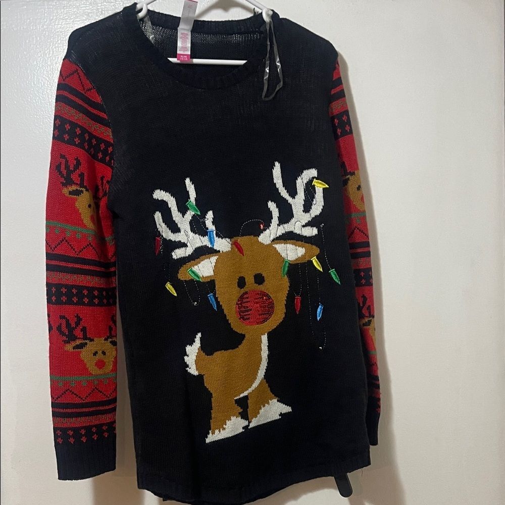 Festive Reindeer Sweater with Red and Black Design size extra large
